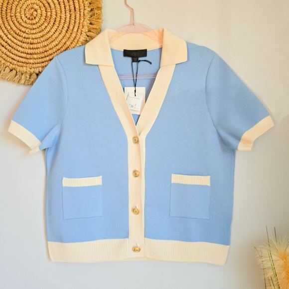 ZARA New Blue Short Sleeve Smooth Knit Gold Crest Button Lady Cardigan SZ XL - Picture 12 of 12